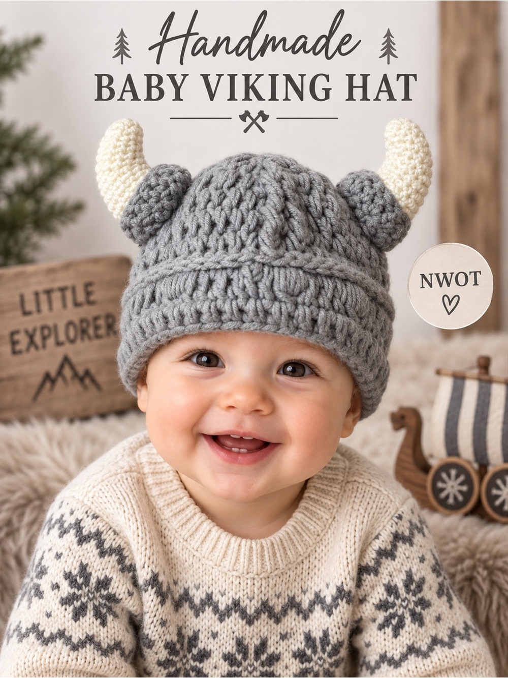 Handmade Baby Viking Horn Crochet Beanie Gray Costume Hat NWOT